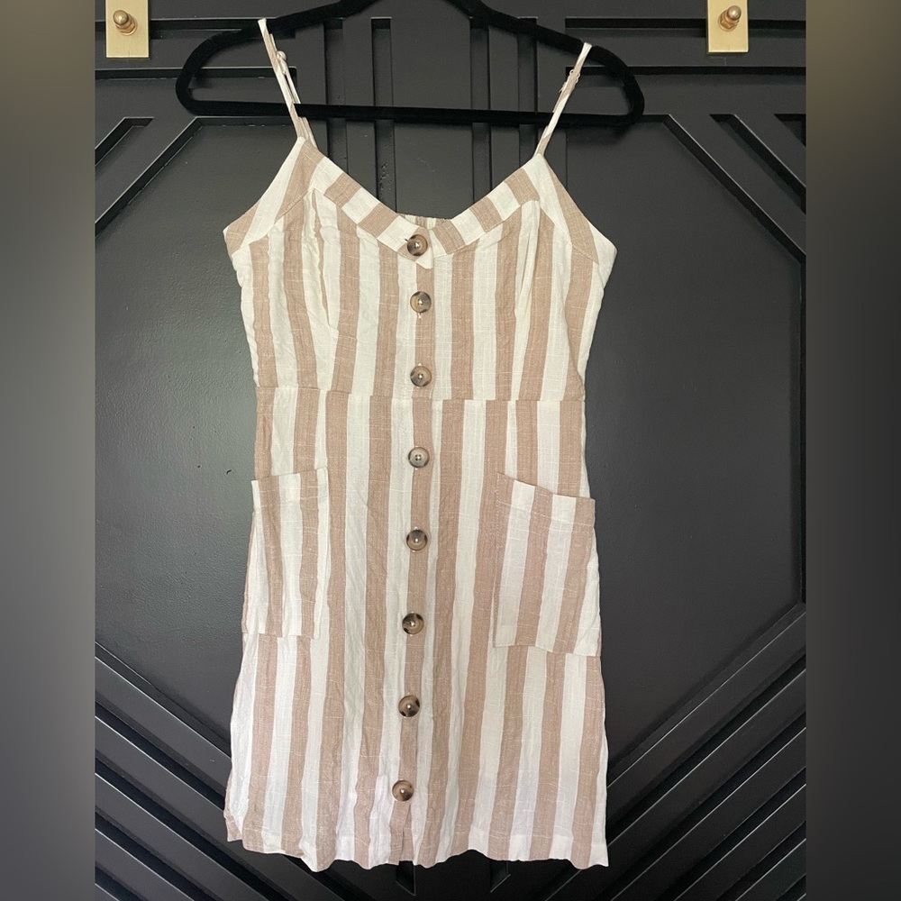 Lulu’s On the Pier tan and white striped button front mini dress